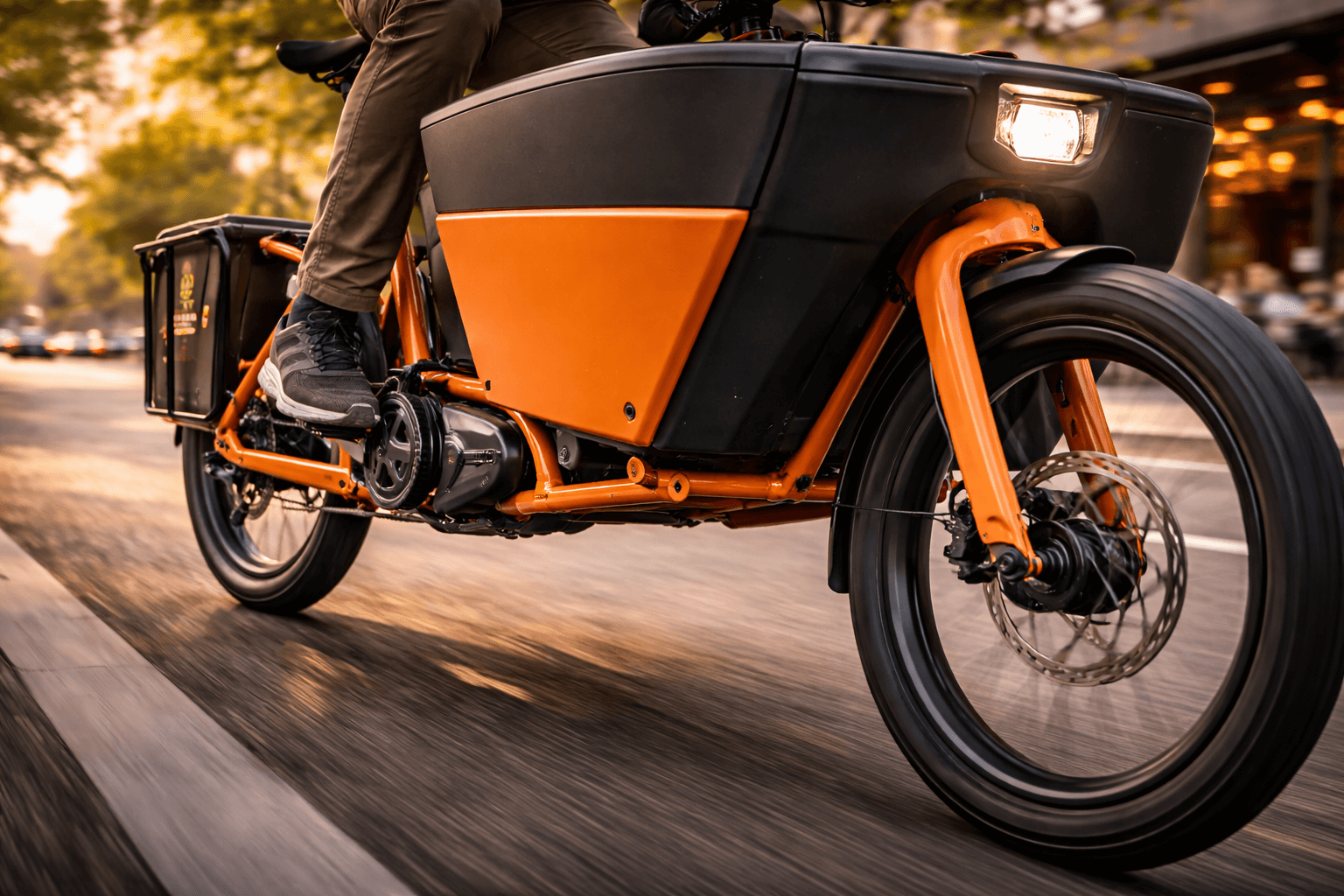 Urban Arrow FamilyNext Pro e-cargo bike safely transporting children with front box and seatbelt system